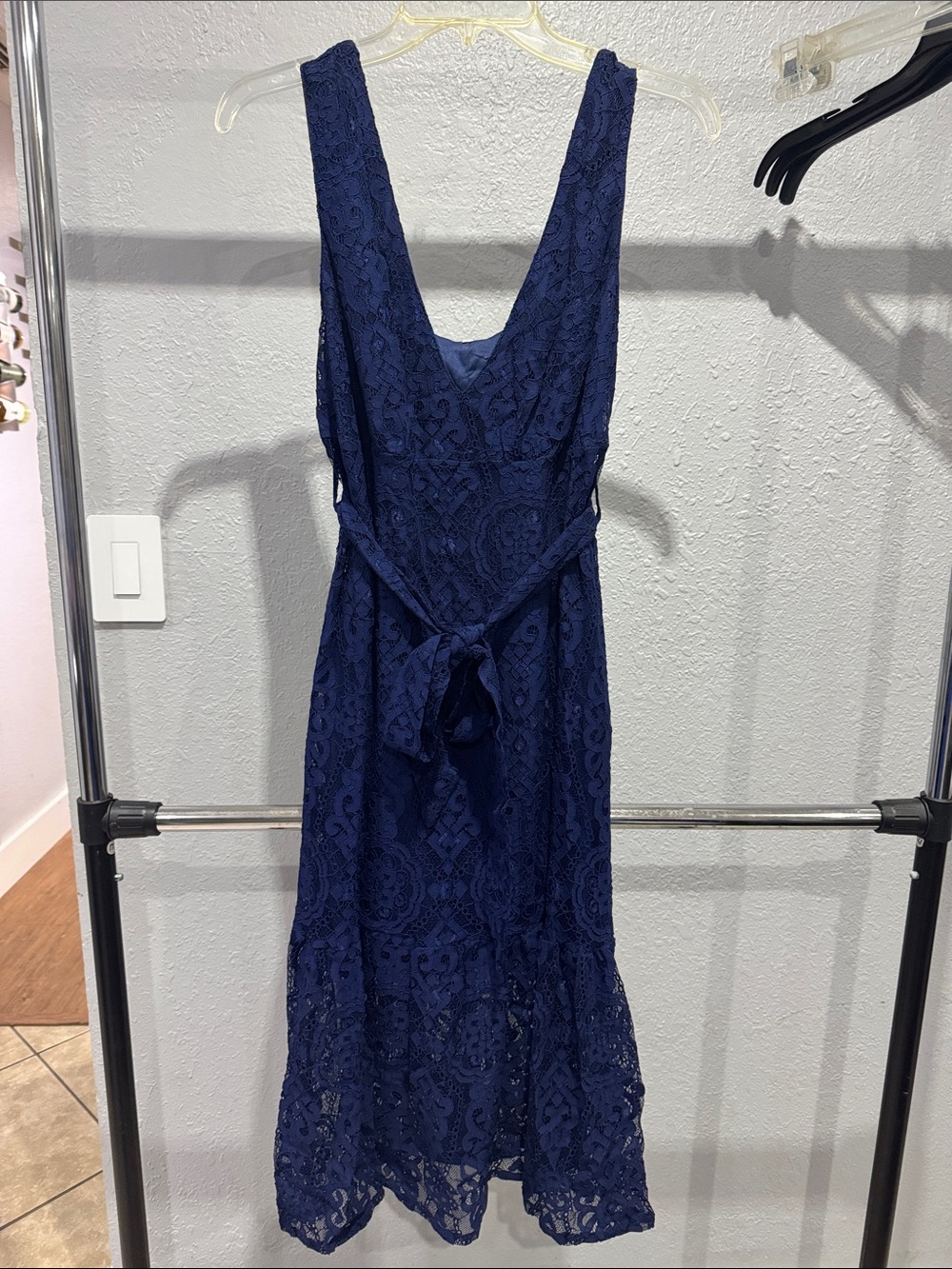 Women's Navy Lace V-Neck Dress with Waist Tie